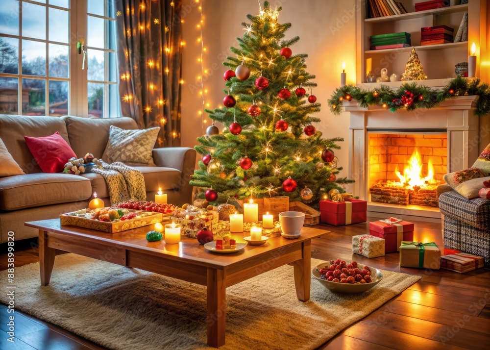 Cozy living room scene with festive decorations, board games, and snacks scattered around a lit Christmas tree, evoking a sense of joyful family gathering. Cozy living room scene with festive decorations, board games, and snacks scattered around a lit Christmas tree, evoking a sense of joyful family gathering.