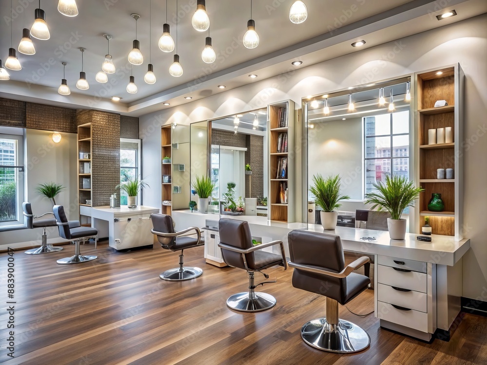 Modern beauty salon interior with blurred background, professional equipment, and sleek decor, providing ample copy space for advertising cosmetic procedures, hair care, or makeup services. Modern beauty salon interior with blurred background, professional equipment, and sleek decor, providing ample copy space for advertising cosmetic procedures, hair care, or makeup services.