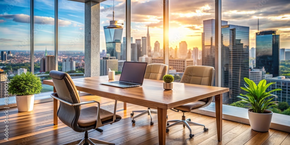 Modern home office with laptop, empty chairs, and cityscape background, conveying teamwork, entrepreneurship, and start-up spirit in a diverse, tech-savvy workspace setting. Modern home office with laptop, empty chairs, and cityscape background, conveying teamwork, entrepreneurship, and start-up spirit in a diverse, tech-savvy workspace setting.