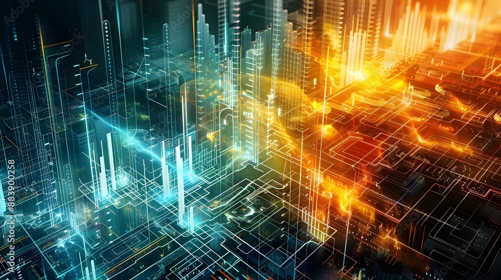 Fototapeta premium Futuristic Data Analytics Overlaying the Urban Landscape at Night