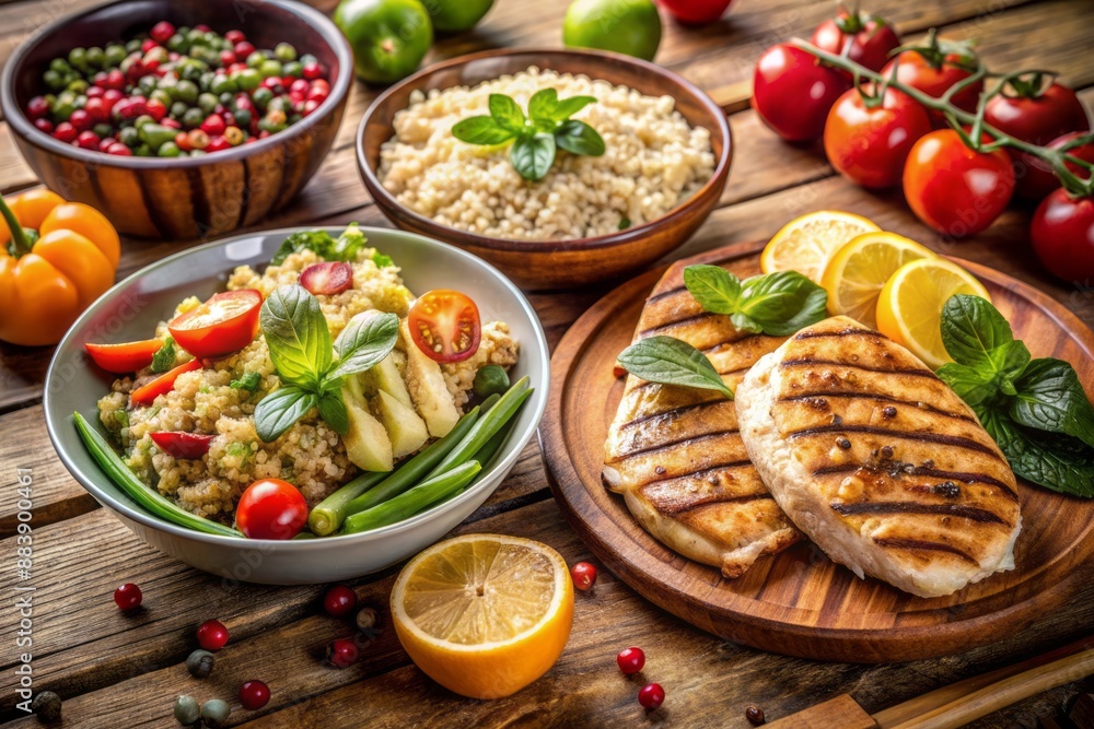 Freshly prepared healthy meals with grilled chicken, quinoa, steamed vegetables, and fruits, arranged on a wooden table, showcasing balanced nutrition for optimal fitness. Freshly prepared healthy meals with grilled chicken, quinoa, steamed vegetables, and fruits, arranged on a wooden table, showcasing balanced nutrition for optimal fitness.