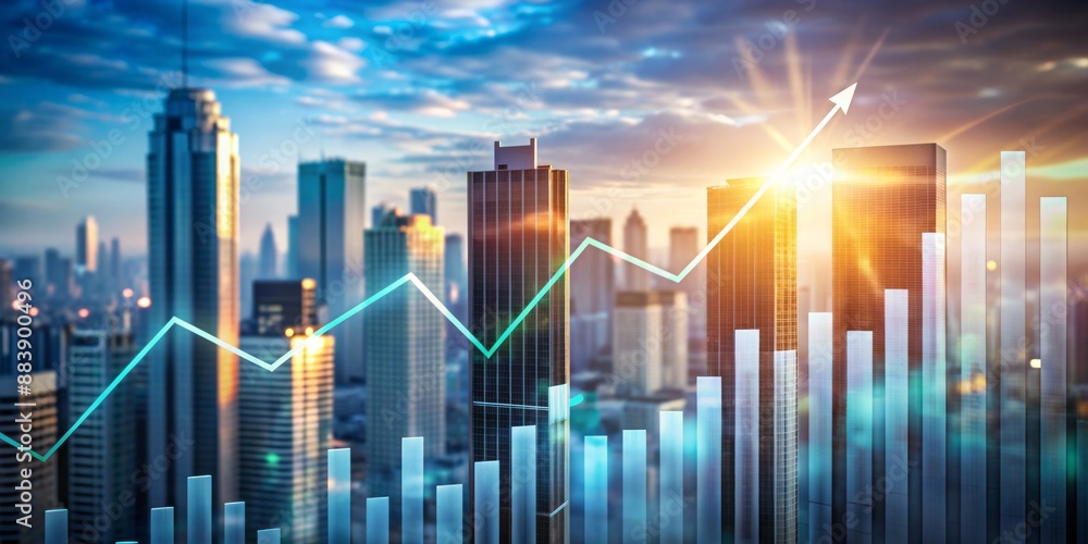 Obraz premium Upward trending graph with rising bars and a steeply inclining line, set against a blurred cityscape background, symbolizing successful stock market investments and growth.