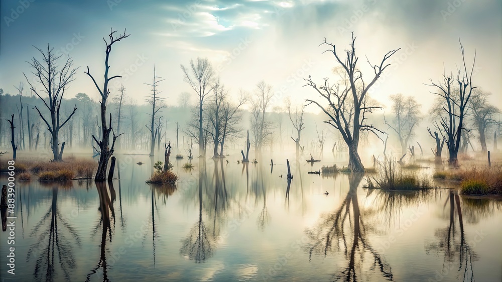 Misty and eerie swamp landscape with dead trees and fog , cursed ...