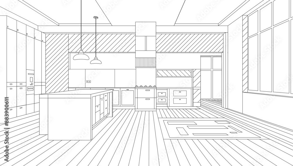 An interior sketch outlines the blueprint design of a kitchen, featuring modern furniture and an island. An interior sketch outlines the blueprint design of a kitchen, featuring modern furniture and an island.