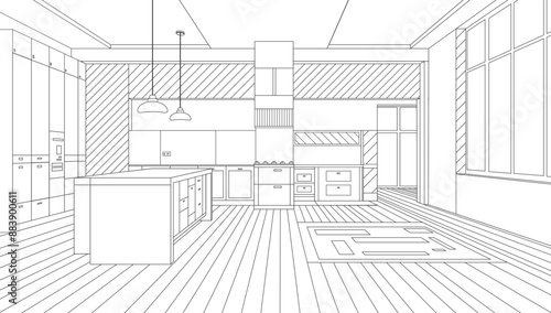 An interior sketch outlines the blueprint design of a kitchen, featuring modern furniture and an island.