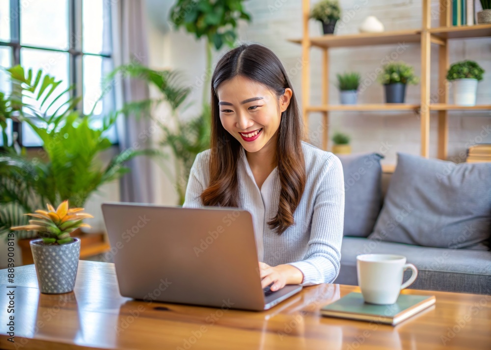 Happy young woman working remotely on virtual video team meeting call, remote work and flexible culture concept, smiling asian female digital nomad freelancing on laptop from home, copy space Happy young woman working remotely on virtual video team meeting call, remote work and flexible culture concept, smiling asian female digital nomad freelancing on laptop from home, copy space