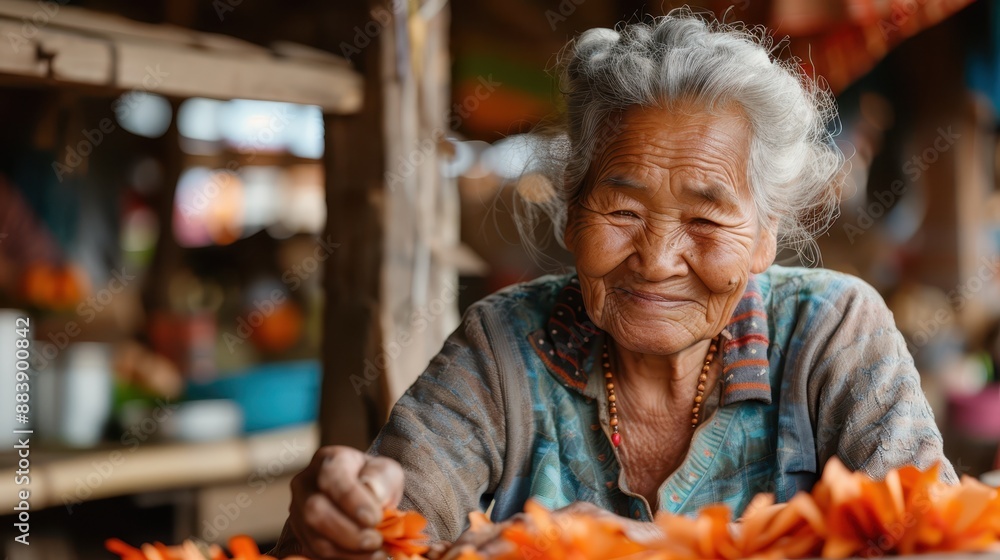 An elderly woman with a warm smile is working with orange fabric, skillfully crafting in a vibrant market setting, surrounded by various crafts and colorful items. An elderly woman with a warm smile is working with orange fabric, skillfully crafting in a vibrant market setting, surrounded by various crafts and colorful items.