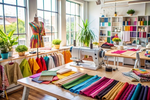 A bright studio filled with vibrant fabric swatches, eco-friendly textiles, and sewing machines, showcasing a fashion designer's sustainable clothing creations in progress. photo