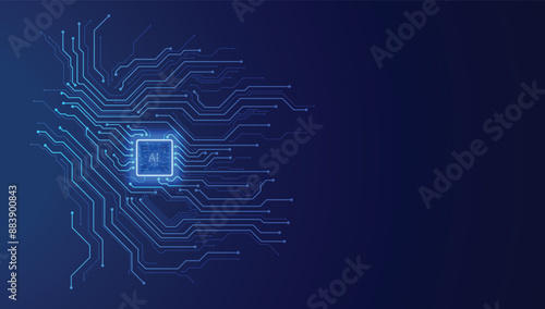 Futuristic circuit board technology background with brightly glowing AI chip in the center. CPU processor with artificial intelligence. Vector illustration.