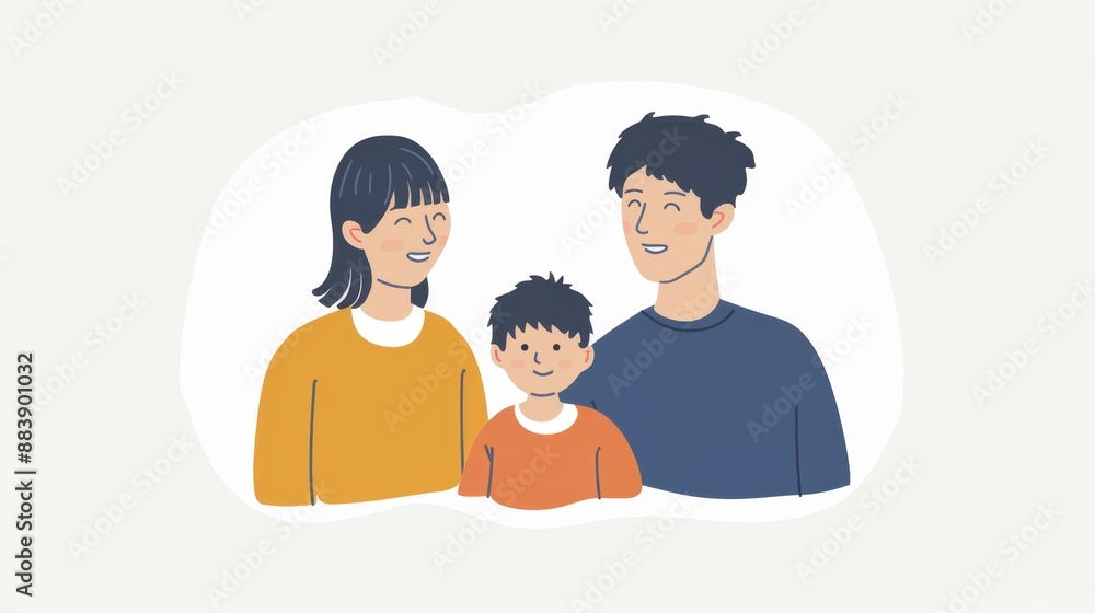 Obraz premium Illustration of two parents and a child, styled simply on a white background.