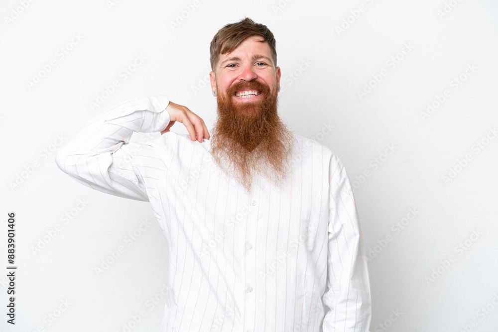Redhead man with long beard isolated on white background laughing Redhead man with long beard isolated on white background laughing