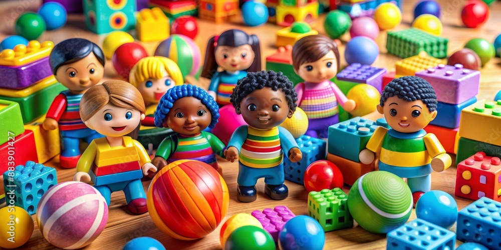 Vibrant colorful toys, balls, and blocks scattered around a diverse cultural background, symbolizing friendship and playfulness among kids from different ethnicities. Vibrant colorful toys, balls, and blocks scattered around a diverse cultural background, symbolizing friendship and playfulness among kids from different ethnicities.