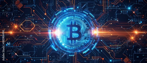 Bitcoin with glowing lights. bitcoin symbol. Coins on black background. beautiful futuristic diagnosis infographic banner