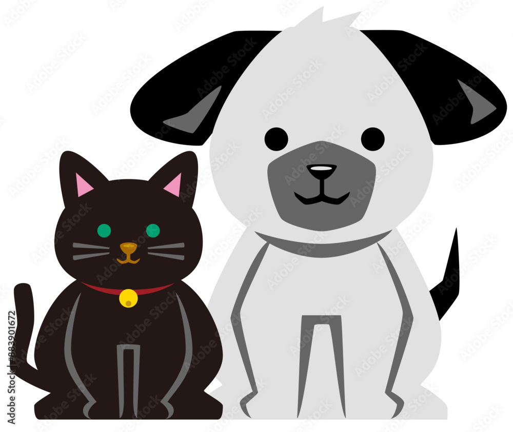 お座りをするちょっとぽっちゃりな可愛い犬と猫のイラストアイコン/グレーと黒 お座りをするちょっとぽっちゃりな可愛い犬と猫のイラストアイコン/グレーと黒