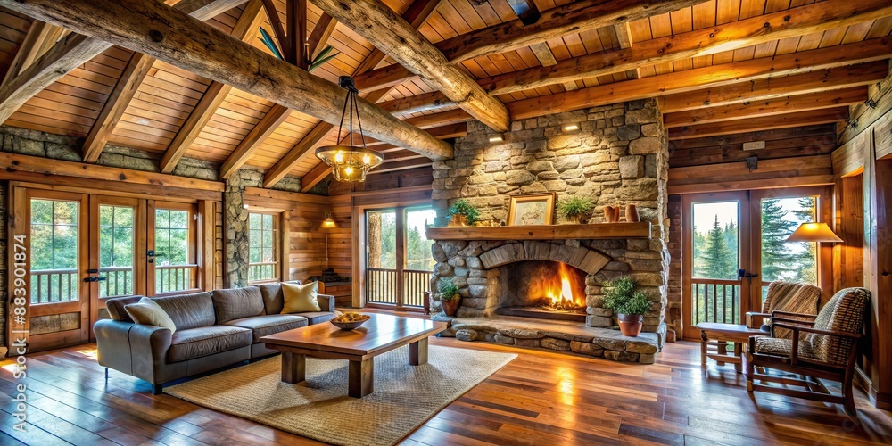 Fototapeta premium Rustic cabin interior with stone fireplace and wooden beams, rustic, cabin, interior, stone, fireplace, wooden, beams, cozy