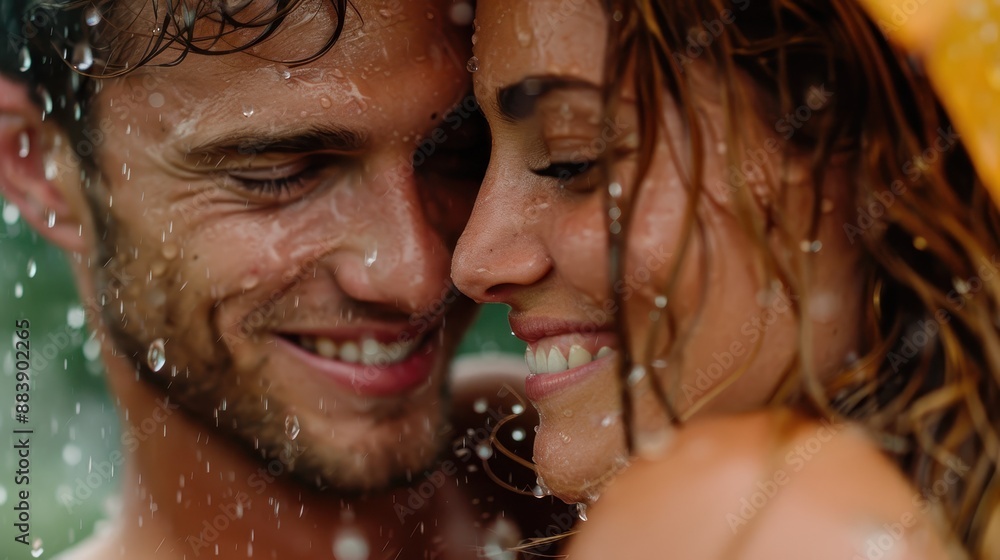 A close-up photograph of a joyful couple standing close together in the rain, smiling widely with water droplets visible on their faces and hair, capturing a tender moment. A close-up photograph of a joyful couple standing close together in the rain, smiling widely with water droplets visible on their faces and hair, capturing a tender moment.