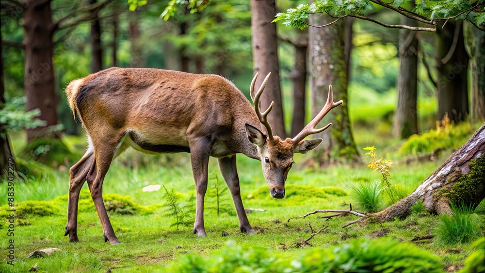A serene scene of a deer peacefully grazing in a lush forest , wildlife, nature, animal, woodland, mammal A serene scene of a deer peacefully grazing in a lush forest , wildlife, nature, animal, woodland, mammal