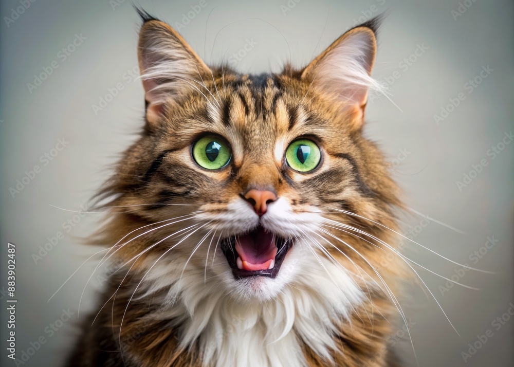 Adorable whiskered feline with vibrant green eyes and soft fur, mouth agape, revealing sharp white teeth, sitting cutely on a bright background. Adorable whiskered feline with vibrant green eyes and soft fur, mouth agape, revealing sharp white teeth, sitting cutely on a bright background.