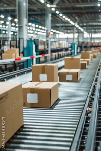Wallpaper Mural A scene in an automated warehouse showing a conveyor system transporting cardboard parcels. Torontodigital.ca