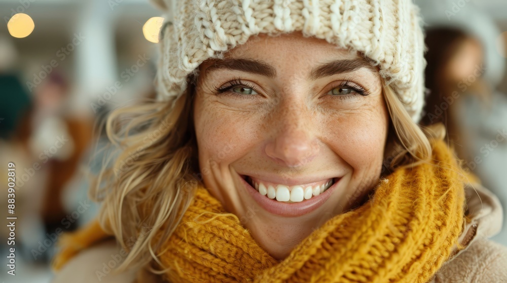 A delightful image of a woman warmly dressed in a cozy beige sweater and yellow scarf, smiling joyfully, exuding happiness and comfort during a winter season. A delightful image of a woman warmly dressed in a cozy beige sweater and yellow scarf, smiling joyfully, exuding happiness and comfort during a winter season.