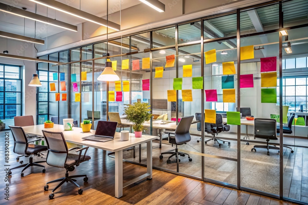 ภาพประกอบสต็อก Colorful sticky notes and idea diagrams cover a glass ...