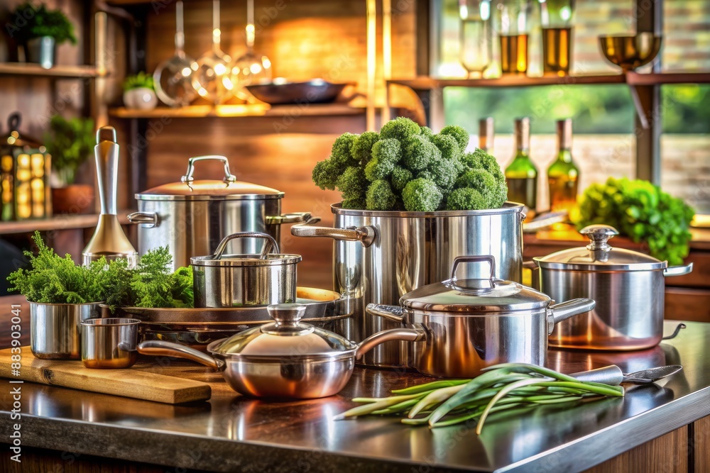 Elegant kitchen setup with premium cookware and utensils, gourmet dish garnished with fresh herbs, awaiting presentation in upscale dining atmosphere. Elegant kitchen setup with premium cookware and utensils, gourmet dish garnished with fresh herbs, awaiting presentation in upscale dining atmosphere.