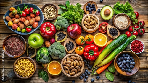 Fresh, vibrant assortment of whole unprocessed fruits, vegetables, nuts, and seeds on a rustic wooden table