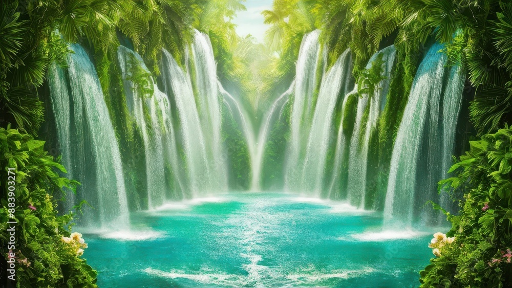 Naklejka premium Serene Tropical Waterfall Oasis in Lush Green Jungle with Turquoise Pool