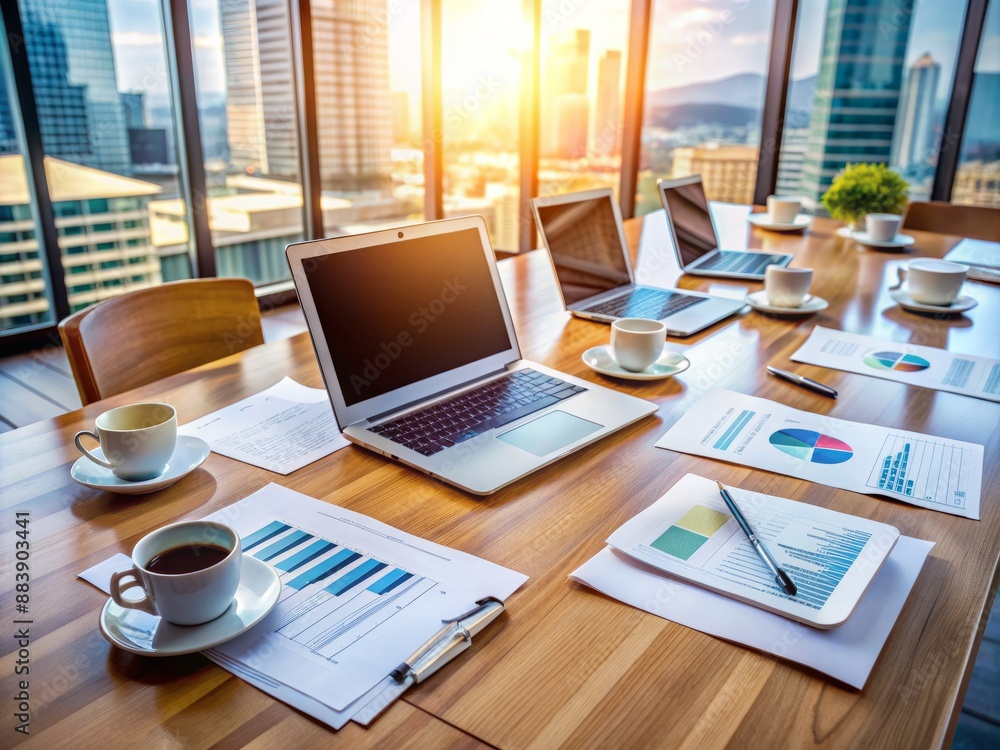 Modern office desk with laptops, notebooks, and papers scattered, surrounded by empty coffee cups and financial charts, highlighting a intense business planning session. Modern office desk with laptops, notebooks, and papers scattered, surrounded by empty coffee cups and financial charts, highlighting a intense business planning session.