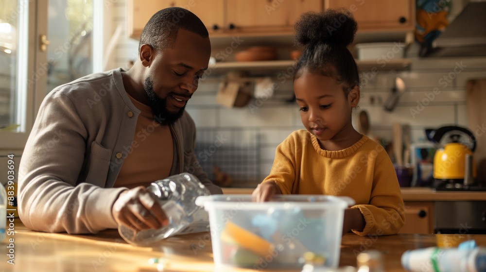 Fototapeta premium Father and Daughter Sorting Plastic Recycling in Kitchen