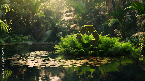 Lush Green Jungle Pond With a Recycling Symbol
