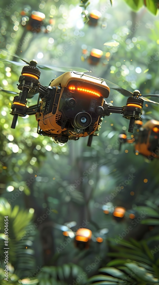A group of advanced drones navigate through a dense forest, showcasing cutting-edge technology in a natural environment. A group of advanced drones navigate through a dense forest, showcasing cutting-edge technology in a natural environment.