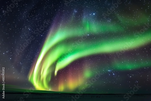 A shimmering aurora borealis, gracefully moving across a starry night sky, creating vibrant waves of color and light