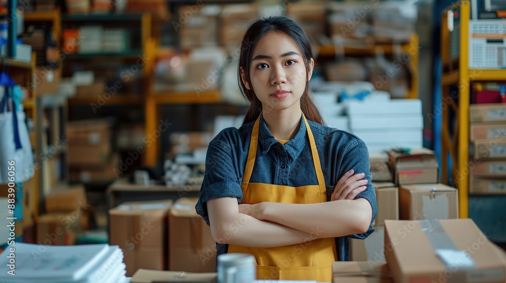 Confident young Asian woman standing in front of her desk wearing an apron and looking at the camera with arms crossed,Professional natural light photography in high resolution captures the detailed Confident young Asian woman standing in front of her desk wearing an apron and looking at the camera with arms crossed,Professional natural light photography in high resolution captures the detailed