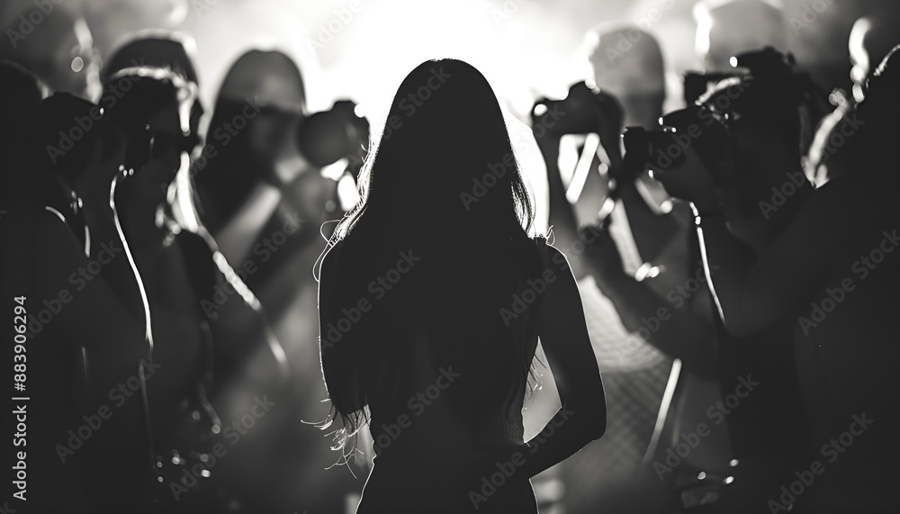 Fototapeta premium Photographers taking pictures of woman. Paparazzi and celebrity