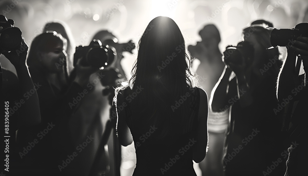 Fototapeta premium Photographers taking pictures of woman. Paparazzi and celebrity