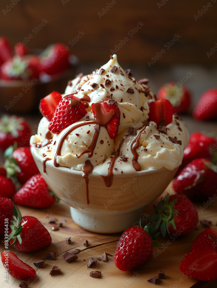 3D ice cream sundae with strawberries chocolate sauce vanilla dessert on white background 3D ice cream sundae with strawberries chocolate sauce vanilla dessert on white background