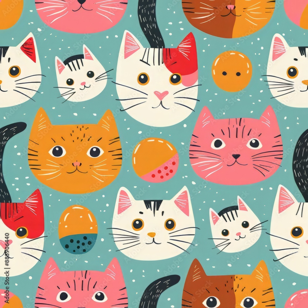 A seamless pattern featuring cute cartoon cats with various colors and patterns on a blue background. A seamless pattern featuring cute cartoon cats with various colors and patterns on a blue background.