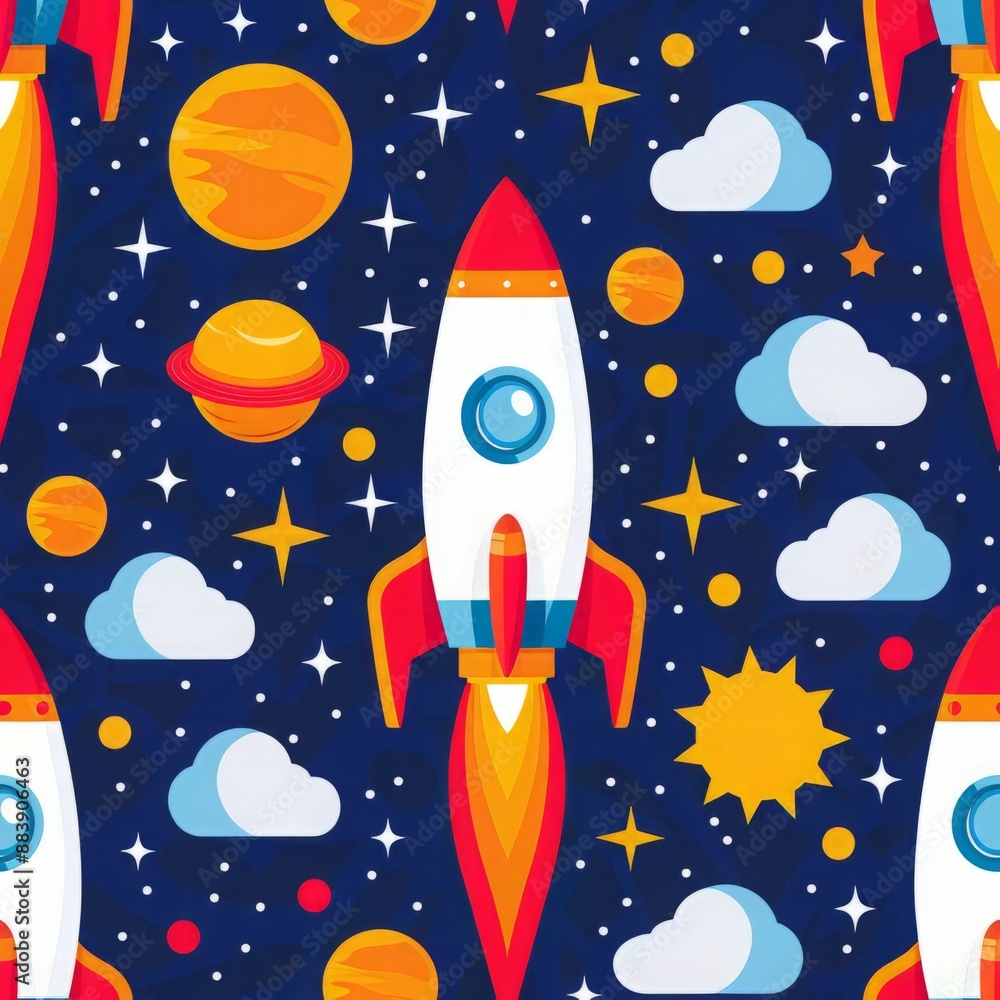 A seamless pattern featuring rockets, planets, stars, clouds, and a sun against a dark blue background. Perfect for kids' clothing, fabric, or wallpaper. A seamless pattern featuring rockets, planets, stars, clouds, and a sun against a dark blue background. Perfect for kids' clothing, fabric, or wallpaper.