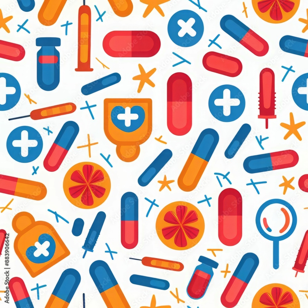 A vibrant seamless pattern featuring various medical symbols, including pills, syringes, and a heart. Perfect for healthcare, medical, or pharmacy-related designs. A vibrant seamless pattern featuring various medical symbols, including pills, syringes, and a heart. Perfect for healthcare, medical, or pharmacy-related designs.