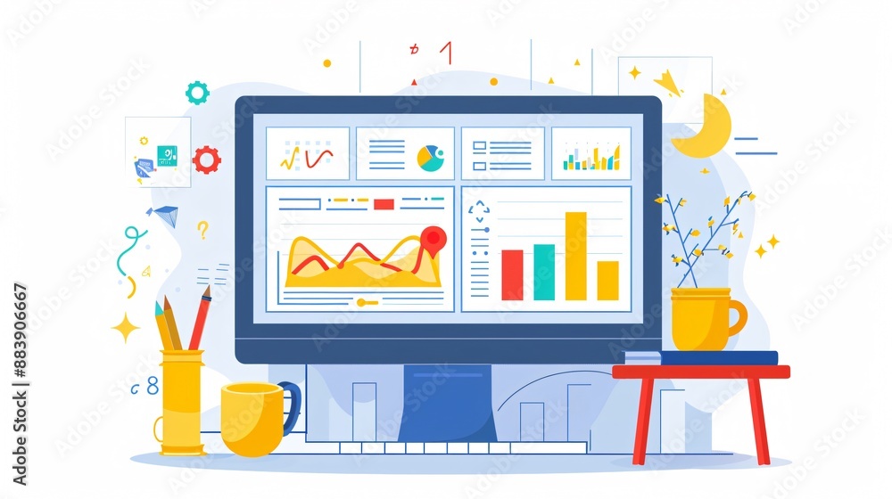 Creative workspace with SEO graphs and charts, focusing on content creation Creative workspace with SEO graphs and charts, focusing on content creation