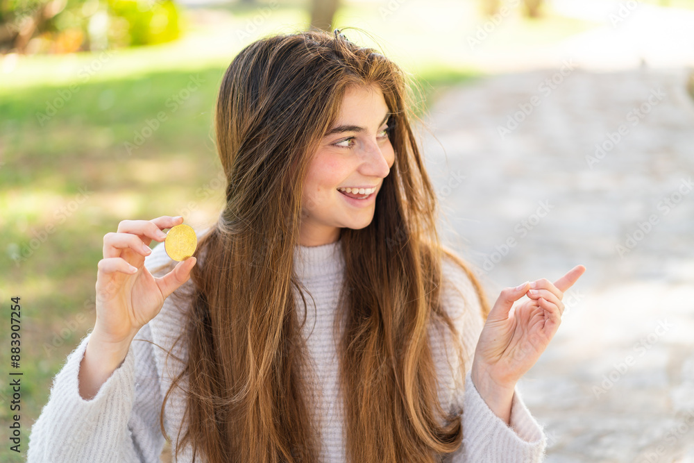 Young pretty caucasian woman holding a Bitcoin at outdoors pointing to the side to present a product Young pretty caucasian woman holding a Bitcoin at outdoors pointing to the side to present a product
