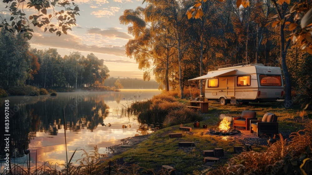 Recreational Vehicle Beside a Lake at Sunset Recreational Vehicle Beside a Lake at Sunset