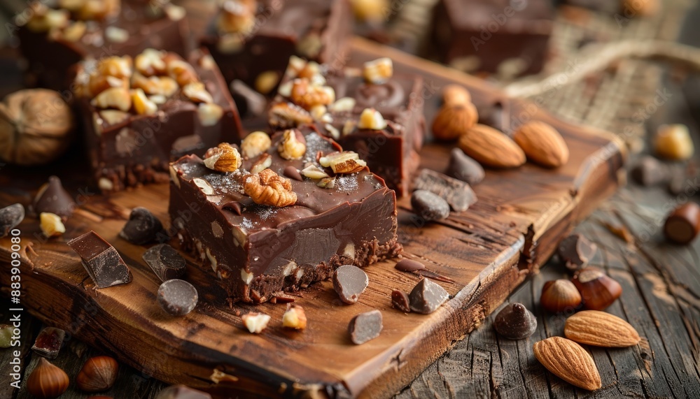 Homemade Chocolate Fudge Topped with Crunchy Nuts on Wooden Board, Healthy Gourmet Food Homemade Chocolate Fudge Topped with Crunchy Nuts on Wooden Board, Healthy Gourmet Food