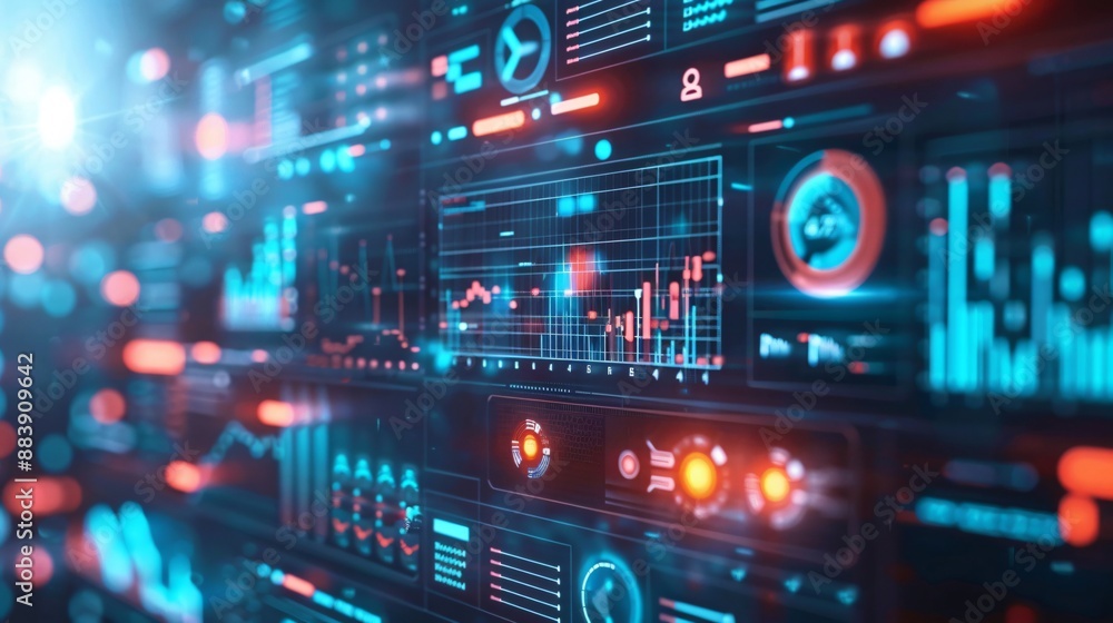 High-tech digital background with a detailed analytics dashboard, representing brand awareness High-tech digital background with a detailed analytics dashboard, representing brand awareness