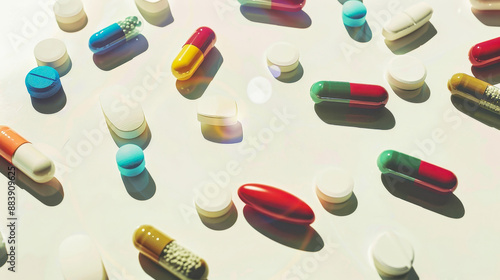 A Colorful Symphony of Pills: A Close-Up of Various Medications Arranged on a White Surface