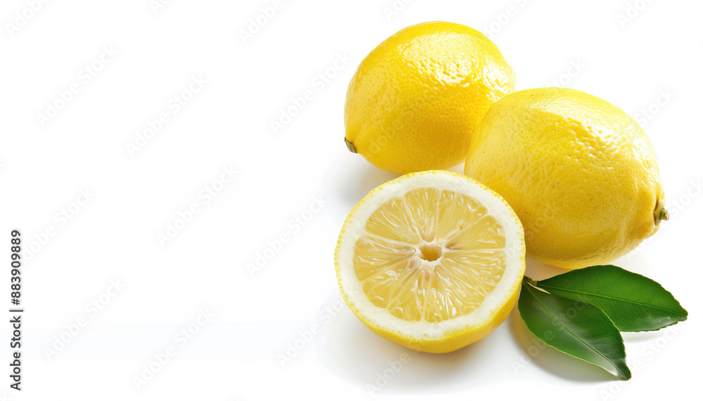 Fresh organic yellow cut lemons isolated on a white background. Copy space for text. Fresh organic yellow cut lemons isolated on a white background. Copy space for text.