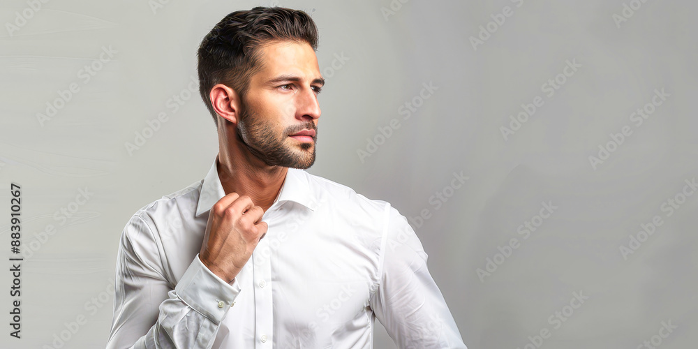 Obraz premium A Man's Poised Elegance in a Crisp White Shirt Against a Gray Background