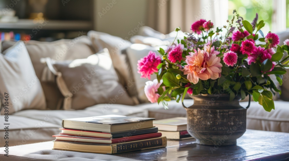 Close-up of a coffee table in a living room decorated with books and flowers.