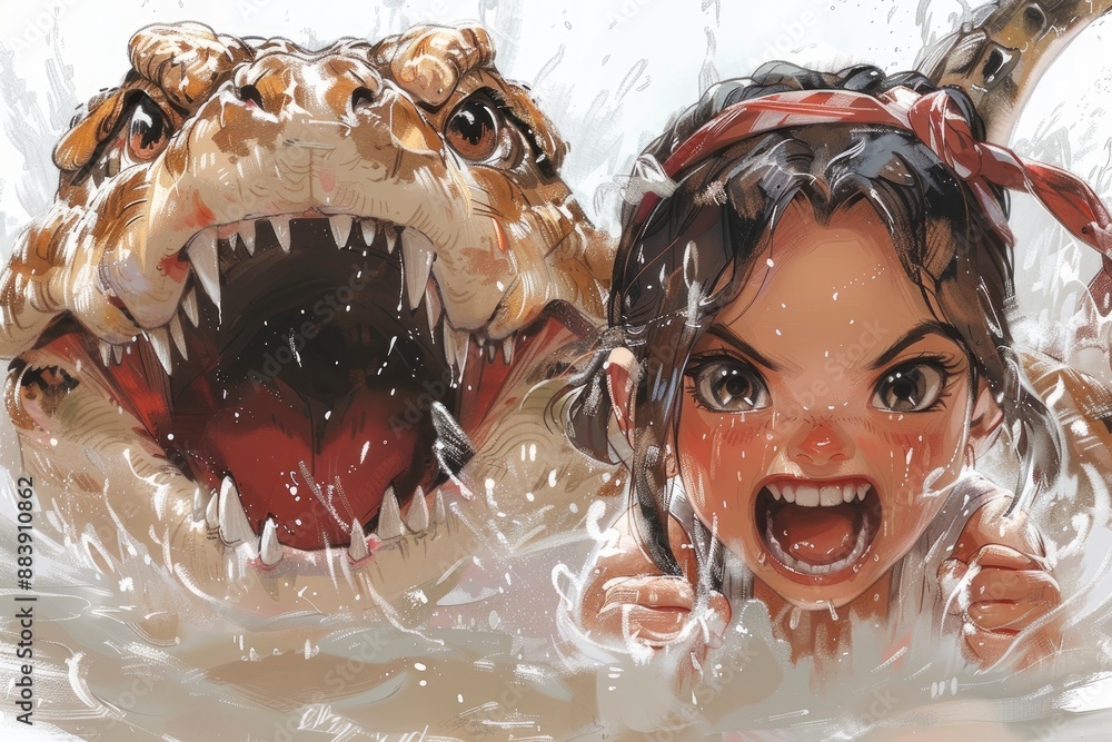 Φωτογραφία A happy girl rides on a giant crocodile, green and brown color, thrilled, white